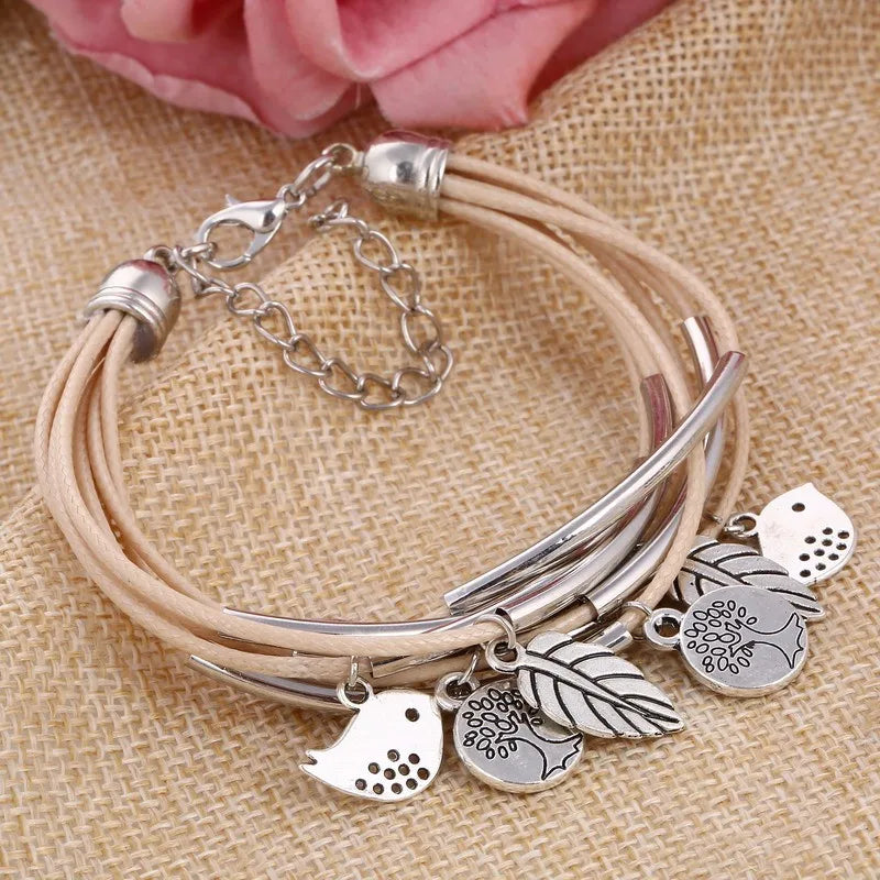 Layered Natural Leather Bracelet | Multi-Strand Women's Jewellery-BEIGE-State of Style