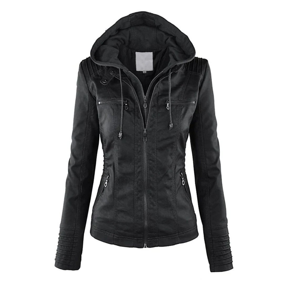 Leather Hooded Jacket for Women - Emma-Black-S-State of Style