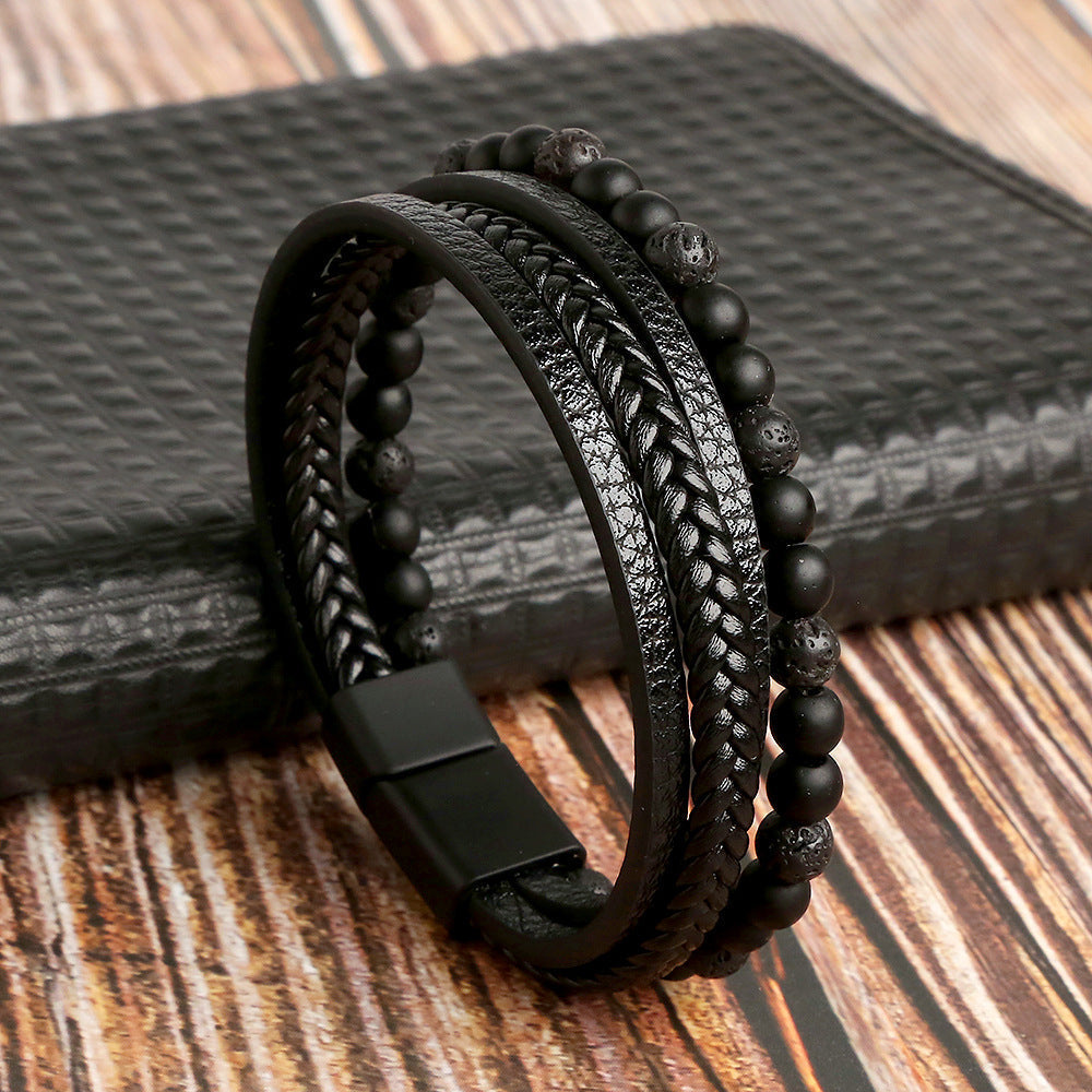 Leather Men's Bracelet Set - Armand-M (19cm)-Black-State of Style