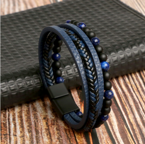 Leather Men's Bracelet Set - Armand-M (19cm)-Blue-State of Style