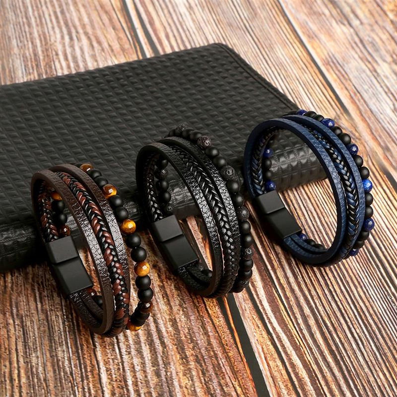 Leather Men's Bracelet Set - Armand-M (19cm)-Brown-State of Style