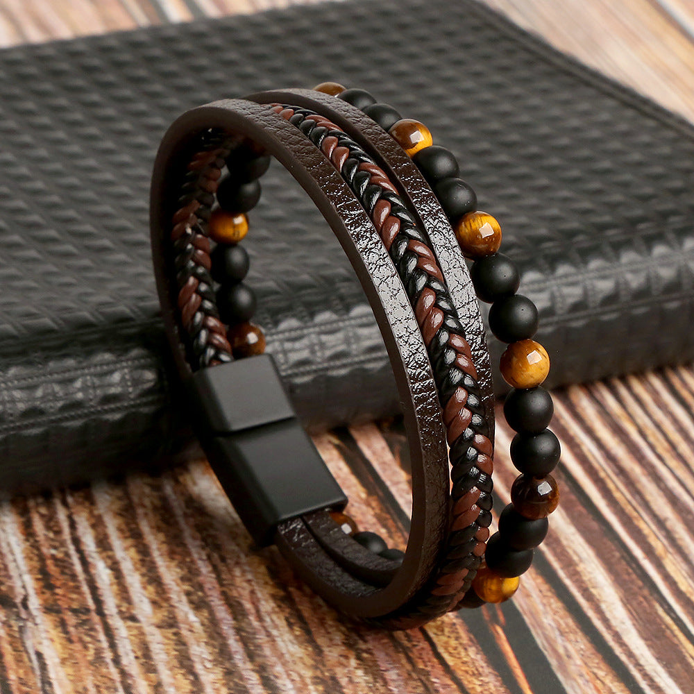 Leather Men's Bracelet Set - Armand-M (19cm)-Brown-State of Style