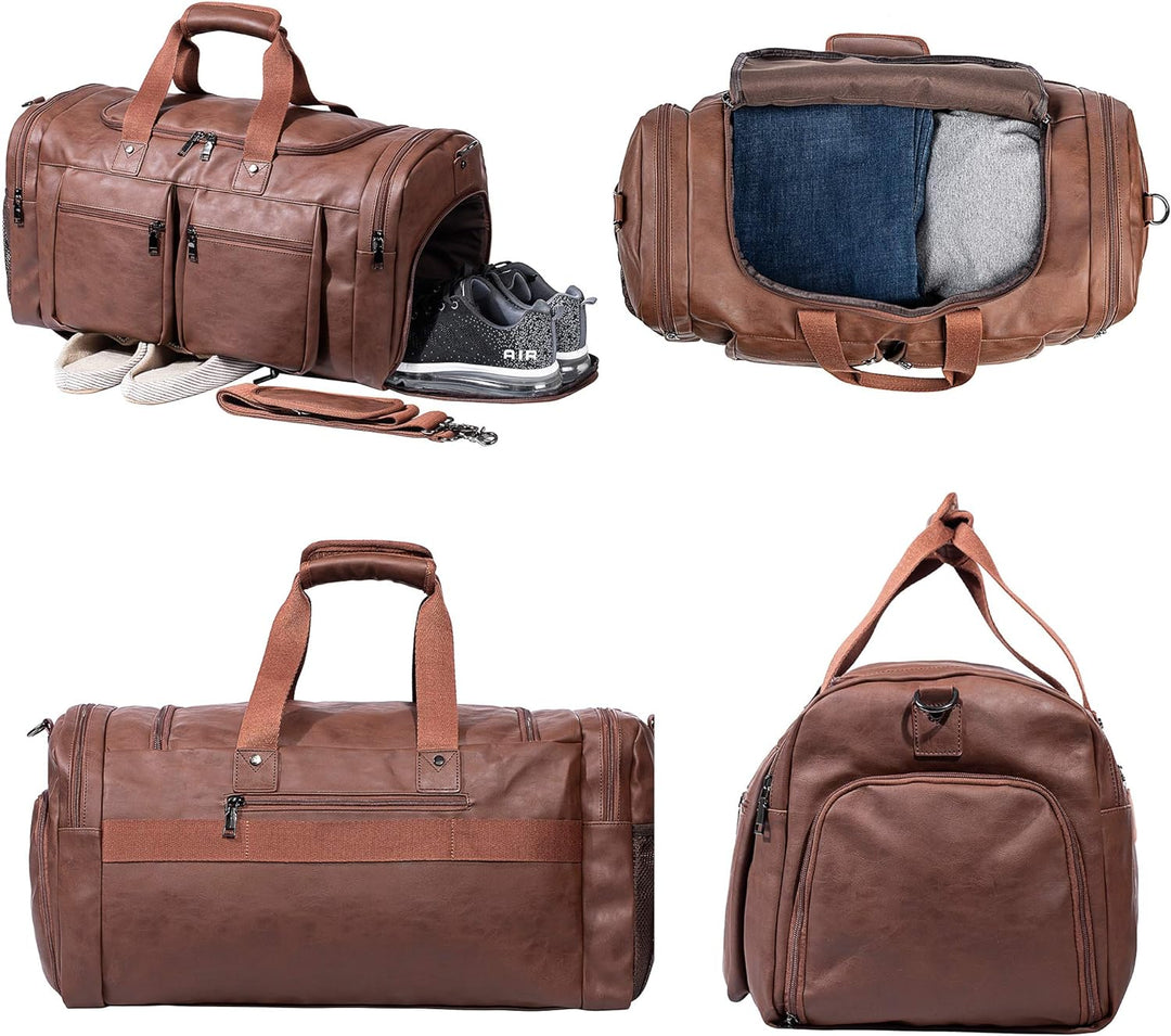 Large Leather Weekender Travel Bag with Shoe Pouch – Waterproof & Durable