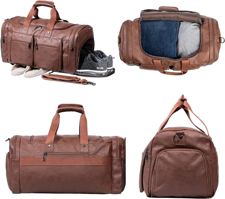 Large Leather Weekender Travel Bag with Shoe Pouch – Waterproof & Durable