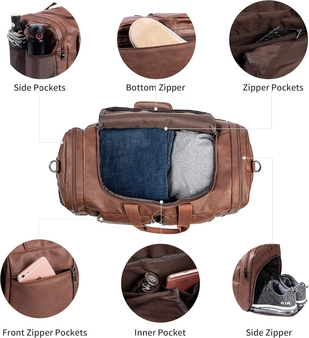 Large Leather Weekender Travel Bag with Shoe Pouch – Waterproof & Durable