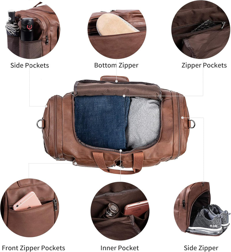 Large Leather Weekender Travel Bag with Shoe Pouch – Waterproof & Durable