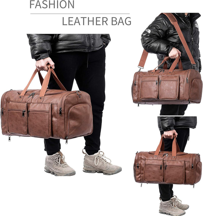 Large Leather Weekender Travel Bag with Shoe Pouch – Waterproof & Durable