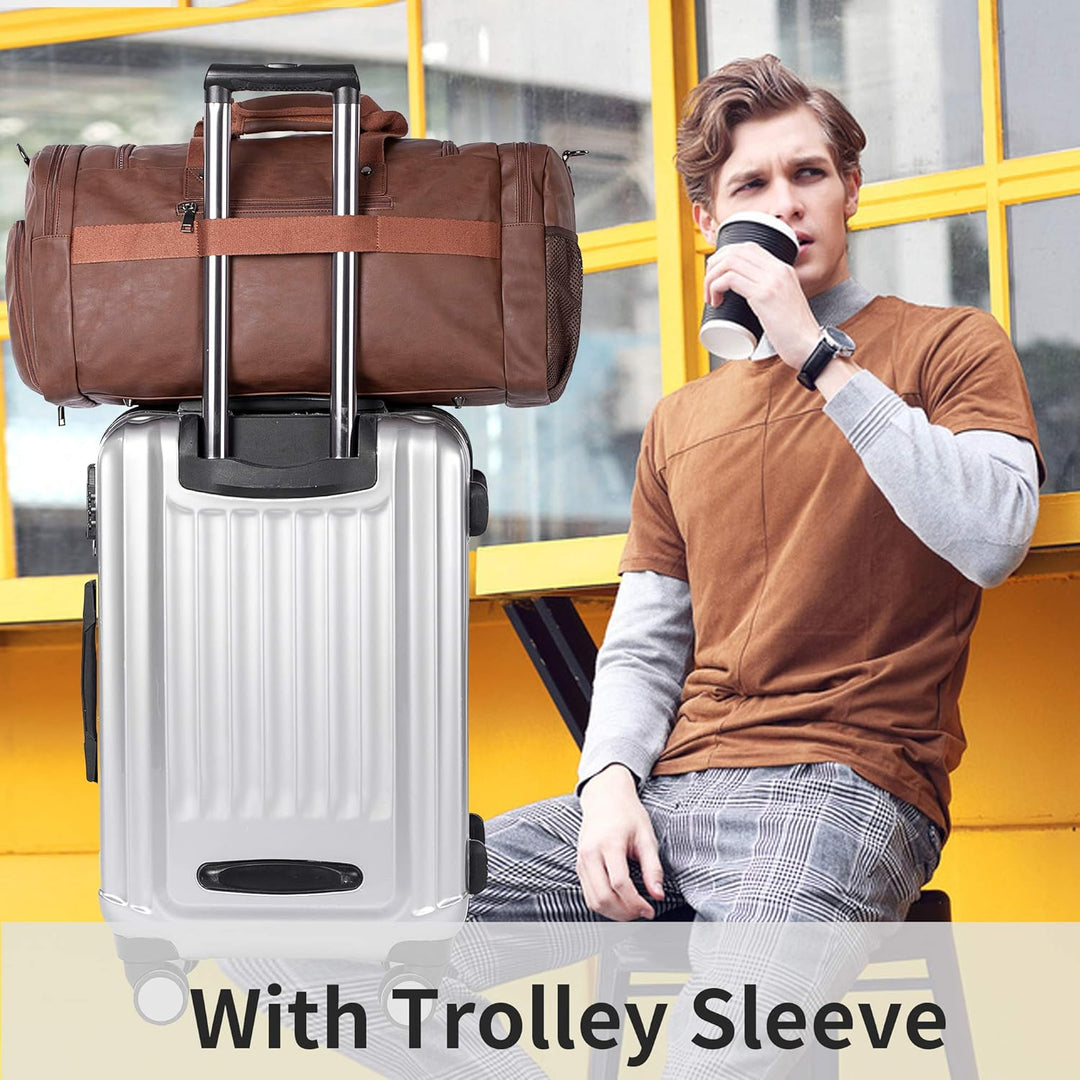 Large Leather Weekender Travel Bag with Shoe Pouch – Waterproof & Durable