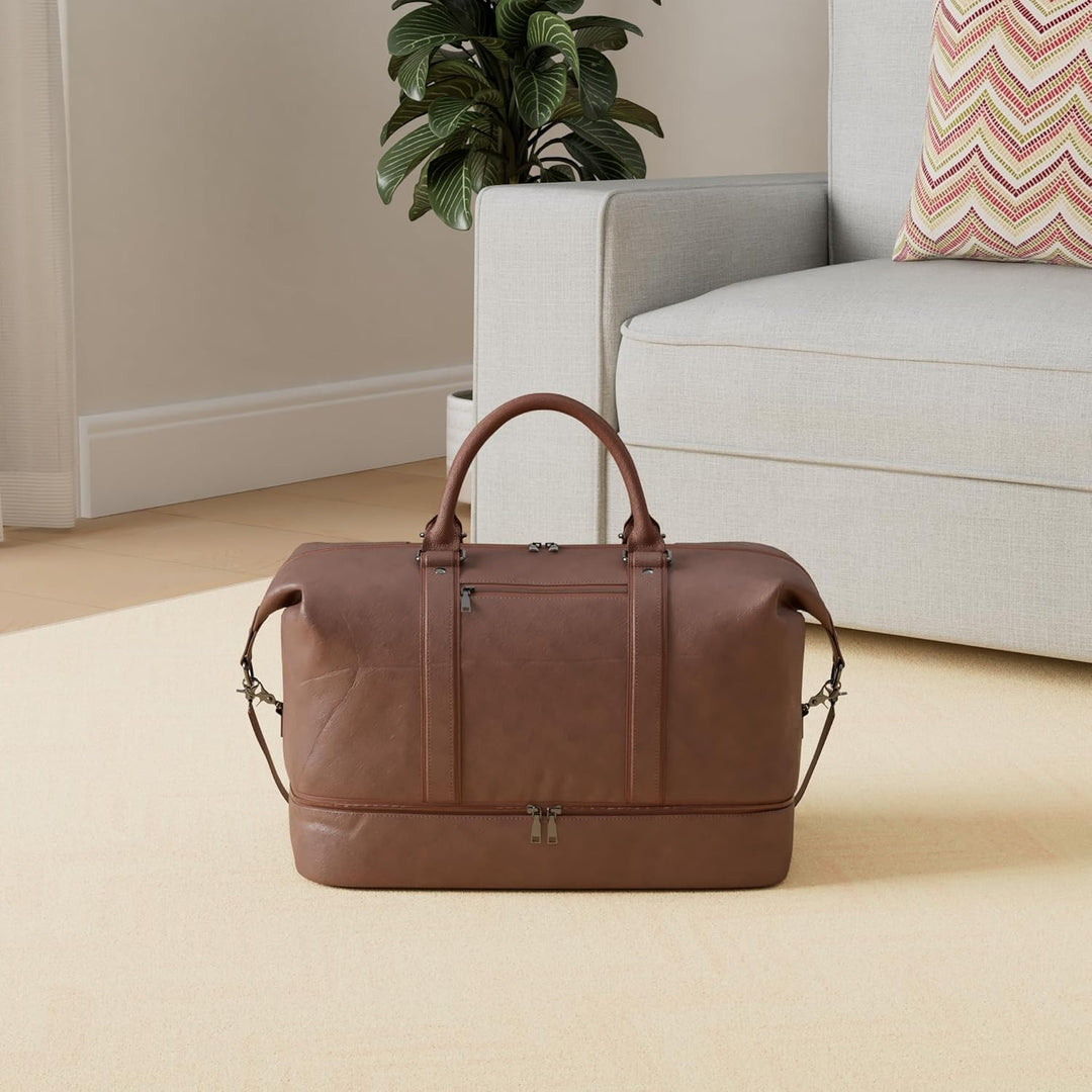 Large Leather Weekender Travel Bag with Shoe Pouch – Waterproof & Durable