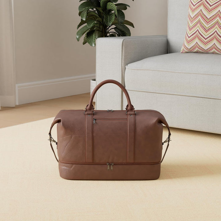 Large Leather Weekender Travel Bag with Shoe Pouch – Waterproof & Durable