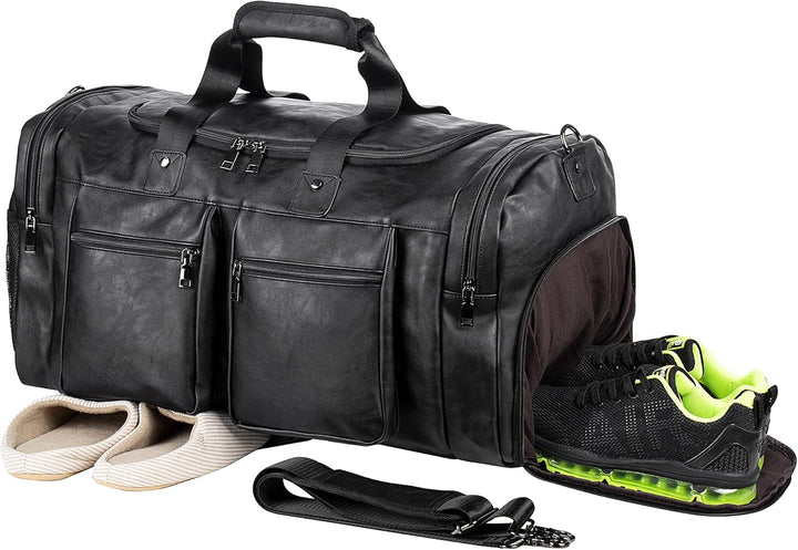 Large Leather Weekender Travel Bag with Shoe Pouch – Waterproof & Durable