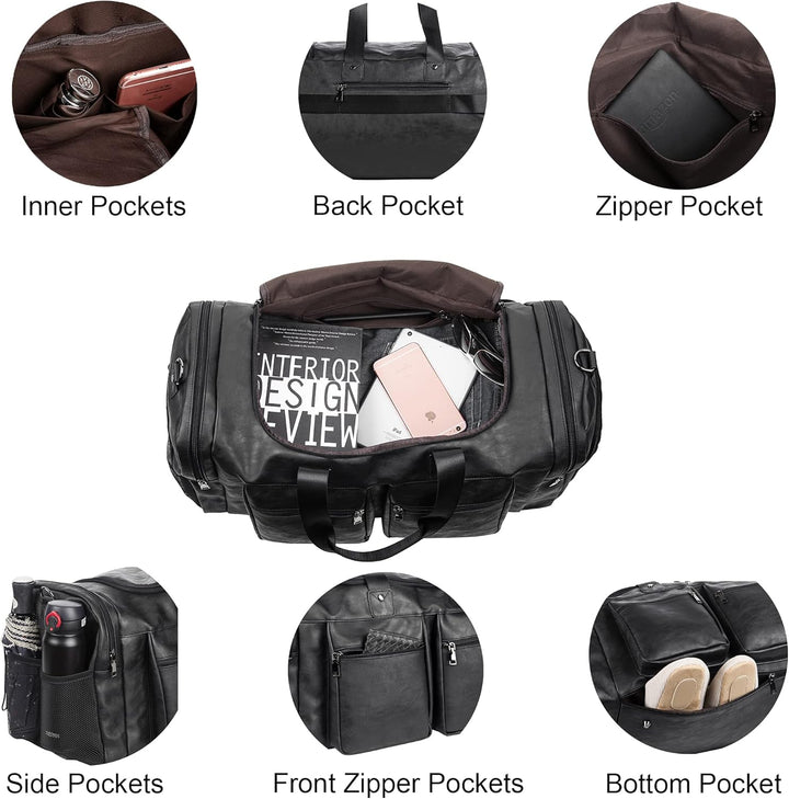 Large Leather Weekender Travel Bag with Shoe Pouch – Waterproof & Durable