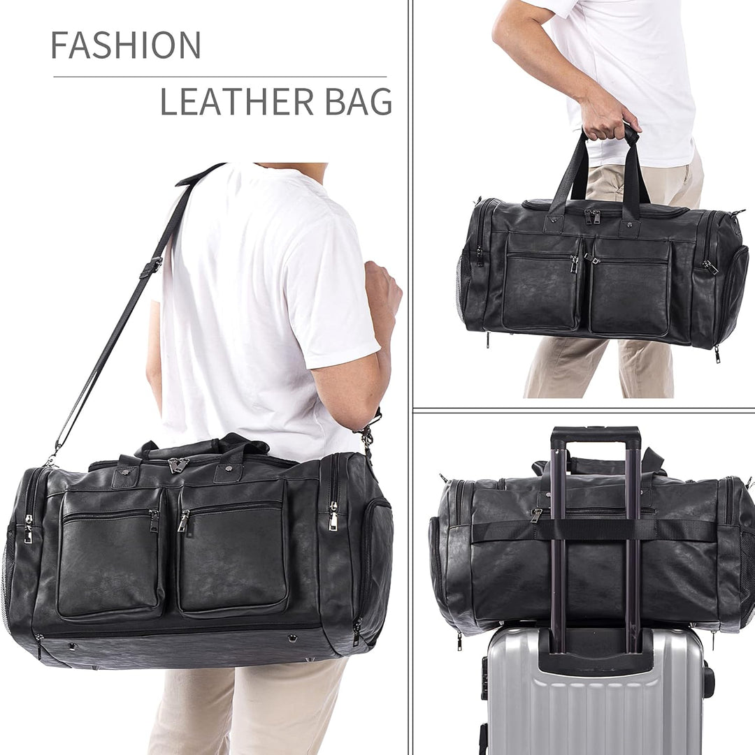 Large Leather Weekender Travel Bag with Shoe Pouch – Waterproof & Durable