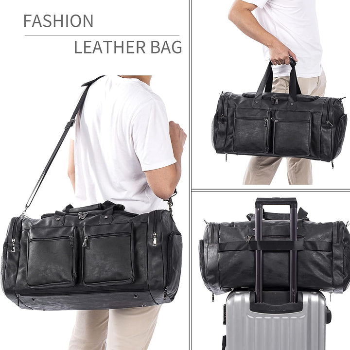 Large Leather Weekender Travel Bag with Shoe Pouch – Waterproof & Durable