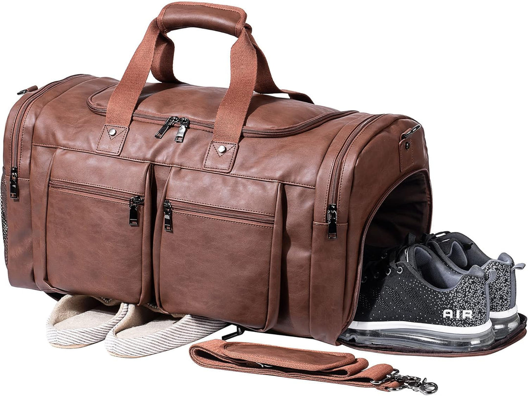 Large Leather Weekender Travel Bag with Shoe Pouch – Waterproof & Durable