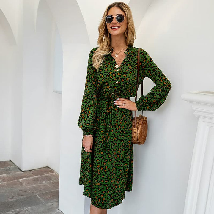 Leopard Print Long Sleeve Dress-Green-S-State of Style