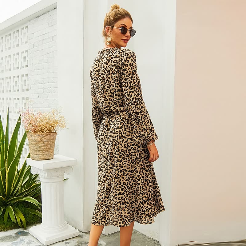 Leopard Print Long Sleeve Dress-Green-S-State of Style