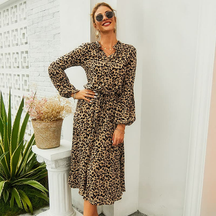 Leopard Print Long Sleeve Dress-Khaki-S-State of Style