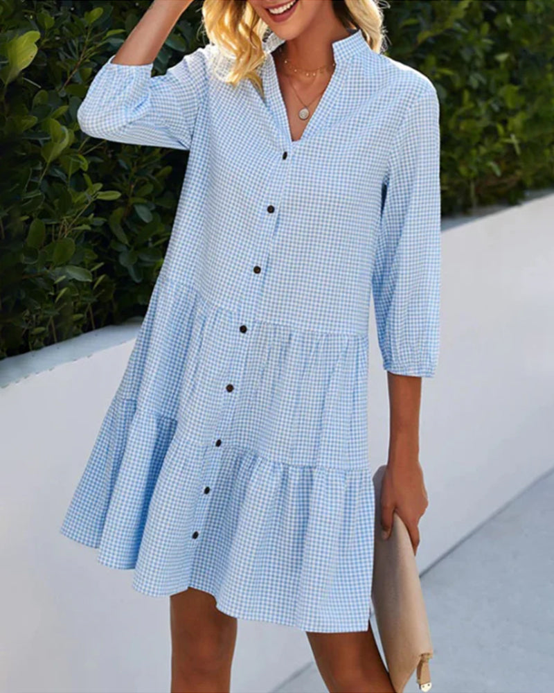 Light A-line summer dress with check pattern – Juliette-Blue-S-State of Style
