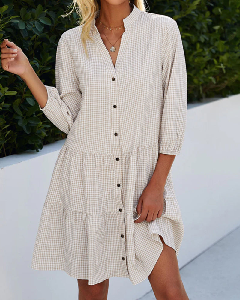 Light A-line summer dress with check pattern – Juliette-Khaki-S-State of Style