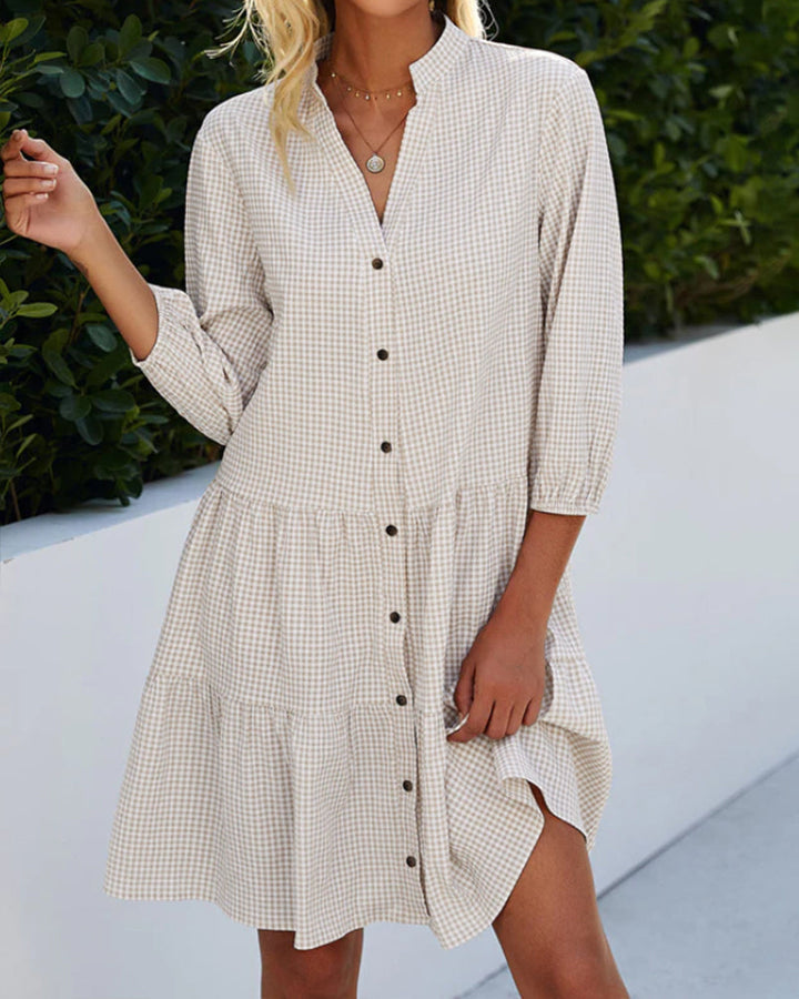 Light A-line summer dress with check pattern – Juliette-Khaki-S-State of Style
