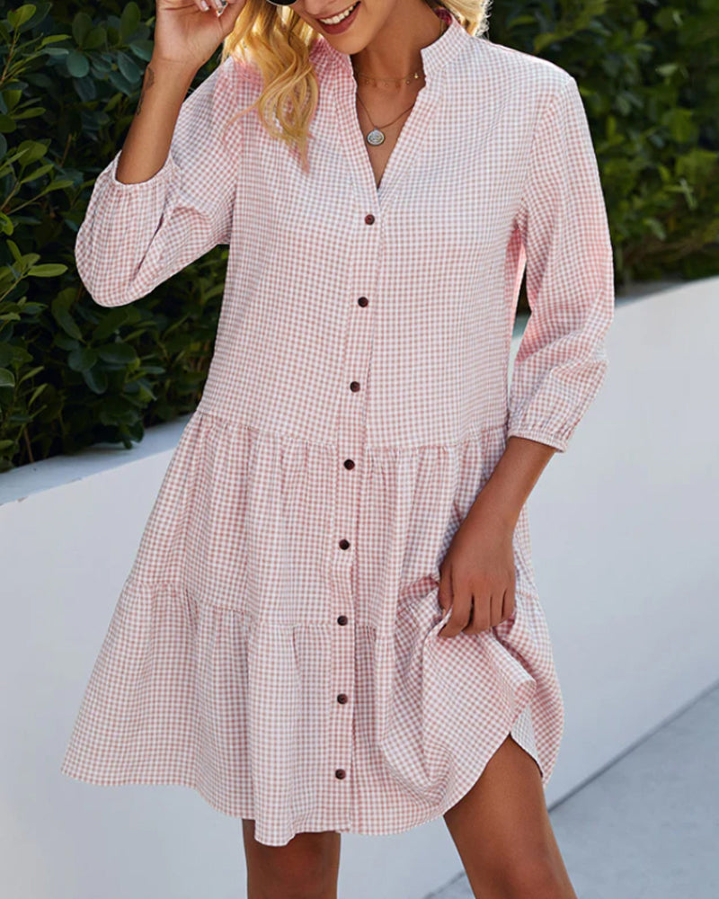 Light A-line summer dress with check pattern – Juliette-Pink-S-State of Style