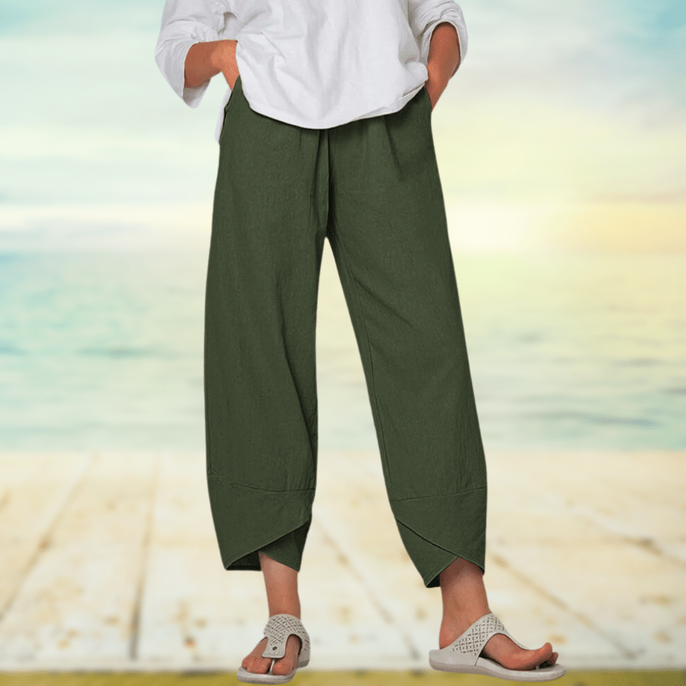 Light cotton trousers with elastic waistband – Mila-Green-S-State of Style