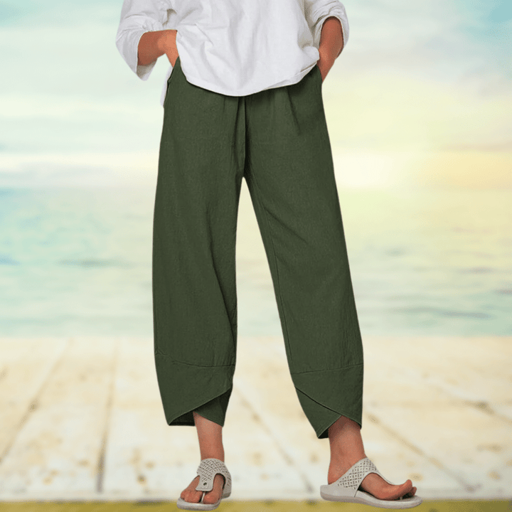 Light cotton trousers with elastic waistband – Mila-Green-S-State of Style