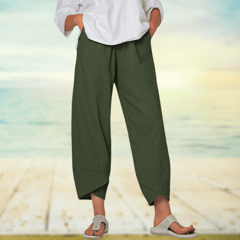 Light cotton trousers with elastic waistband – Mila-Green-S-State of Style