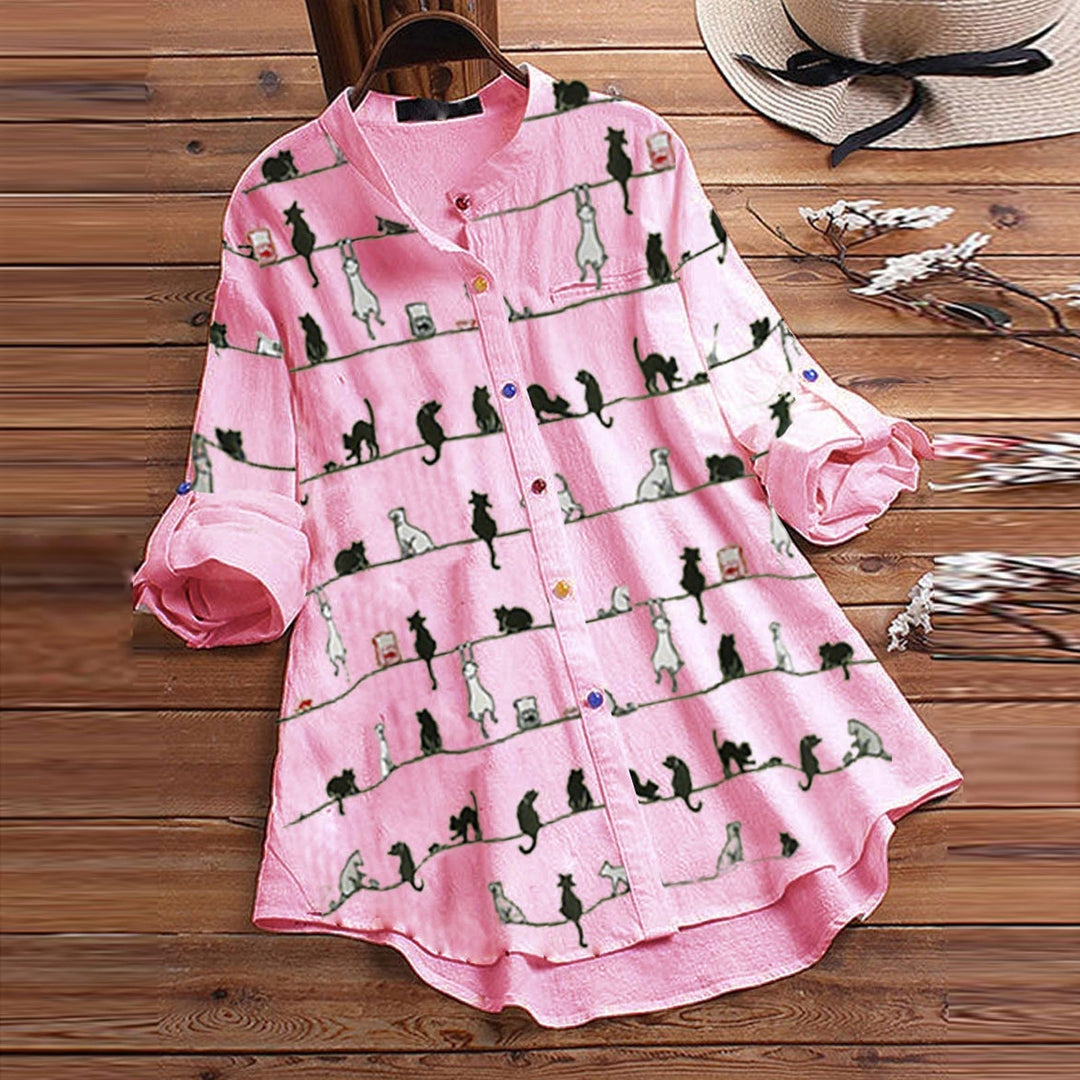Light ladies' blouse with cat motif & button placket - Kaja-Pink-S-State of Style