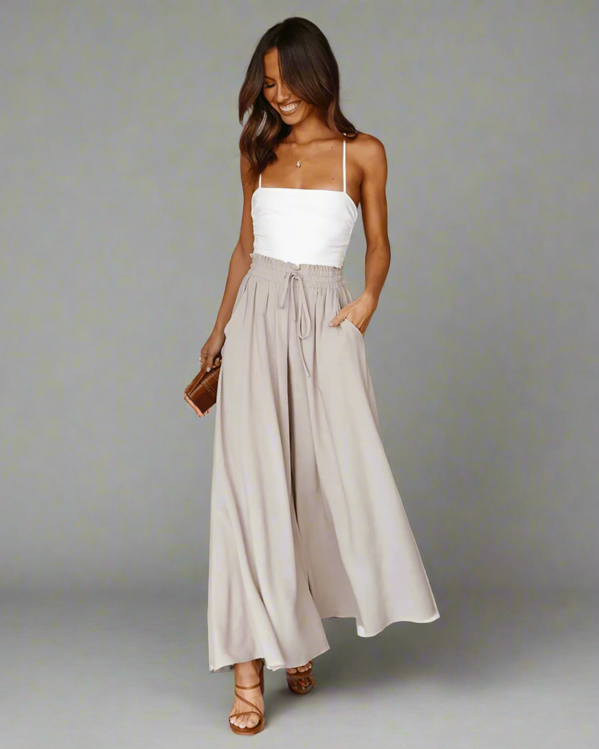 Light ladies' summer trousers with a high waist – Mira-Beige-S-State of Style