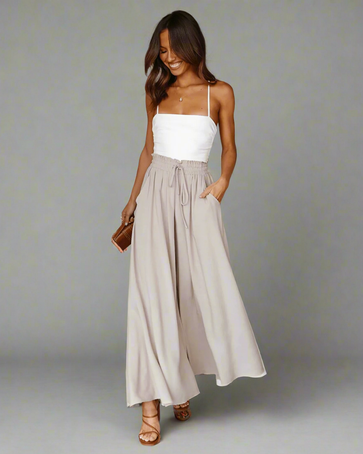 Light ladies' summer trousers with a high waist – Mira-Beige-S-State of Style