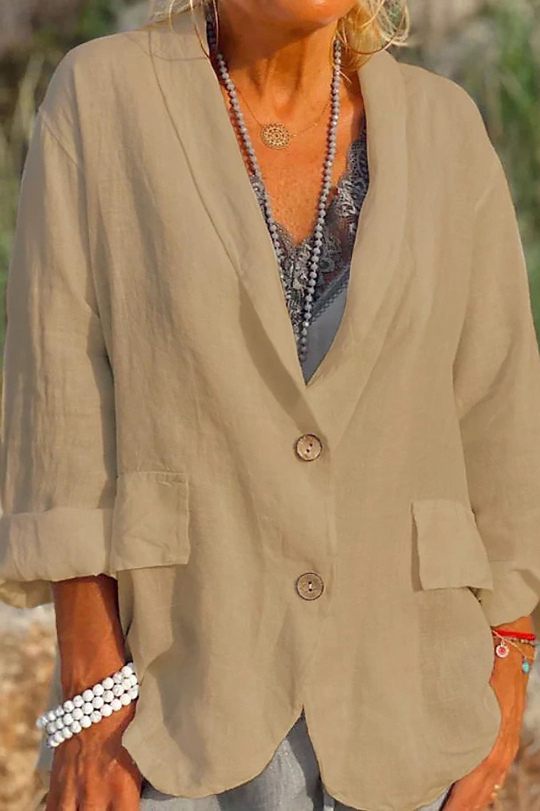 Light linen blazer for women with buttons – Clara-Khaki-S-State of Style