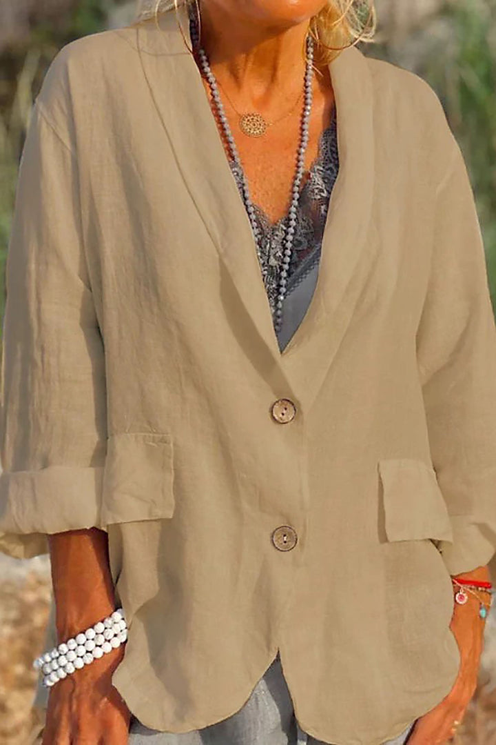 Light linen blazer for women with buttons – Clara-Khaki-S-State of Style
