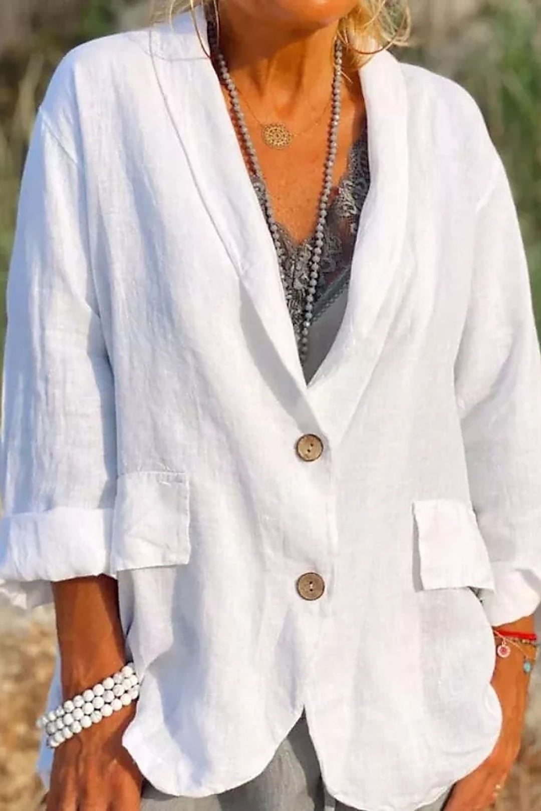 Light linen blazer for women with buttons – Clara-White-S-State of Style