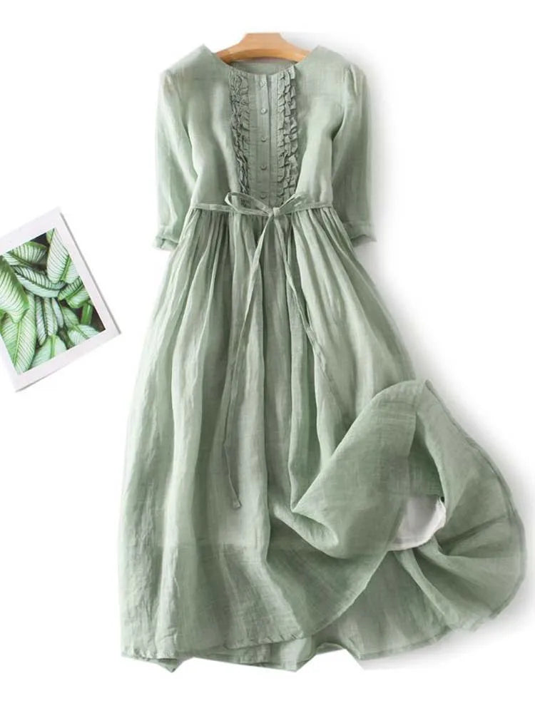 Light Linen Dress with Pleat Detail - Sofia-Green-M-State of Style