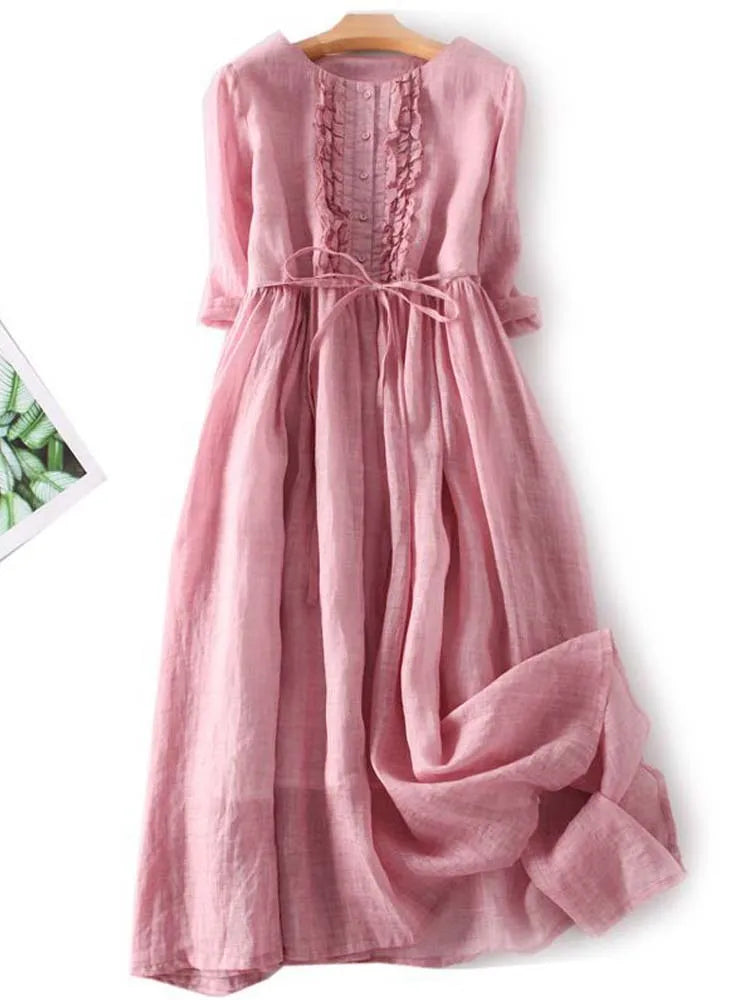 Light Linen Dress with Pleat Detail - Sofia-Pink-M-State of Style