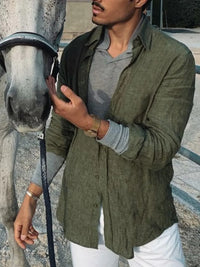 Light men's linen shirt with button placket – Fabio-Green-S-State of Style