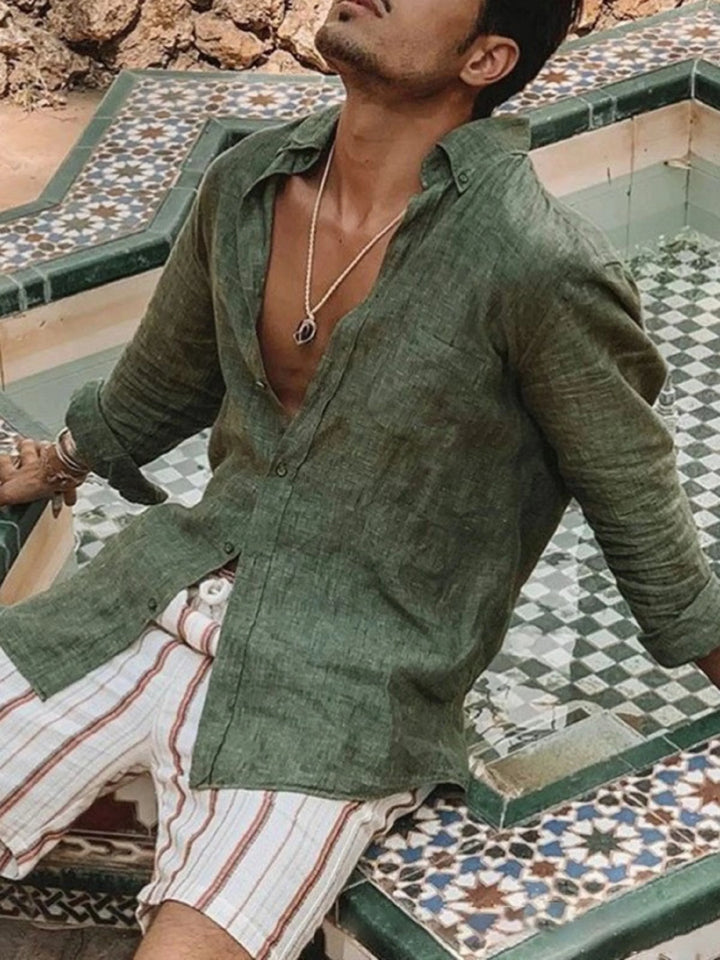 Light men's linen shirt with button placket – Fabio-Green-S-State of Style