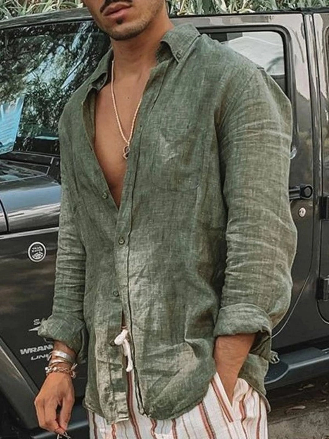Light men's linen shirt with button placket – Fabio-Green-S-State of Style