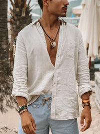 Light men's linen shirt with button placket – Fabio-White-S-State of Style