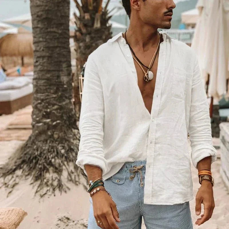 Light men's summer shirt made of linen-cotton blend – Felix-White-S-State of Style
