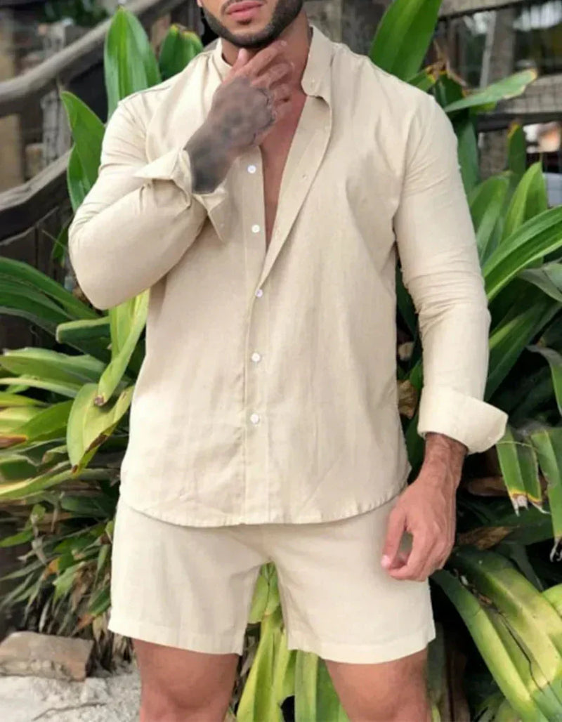 Light & Stylish 2-Piece Summer Set with Shirt & Shorts for Men – Marlo-Beige-S-State of Style