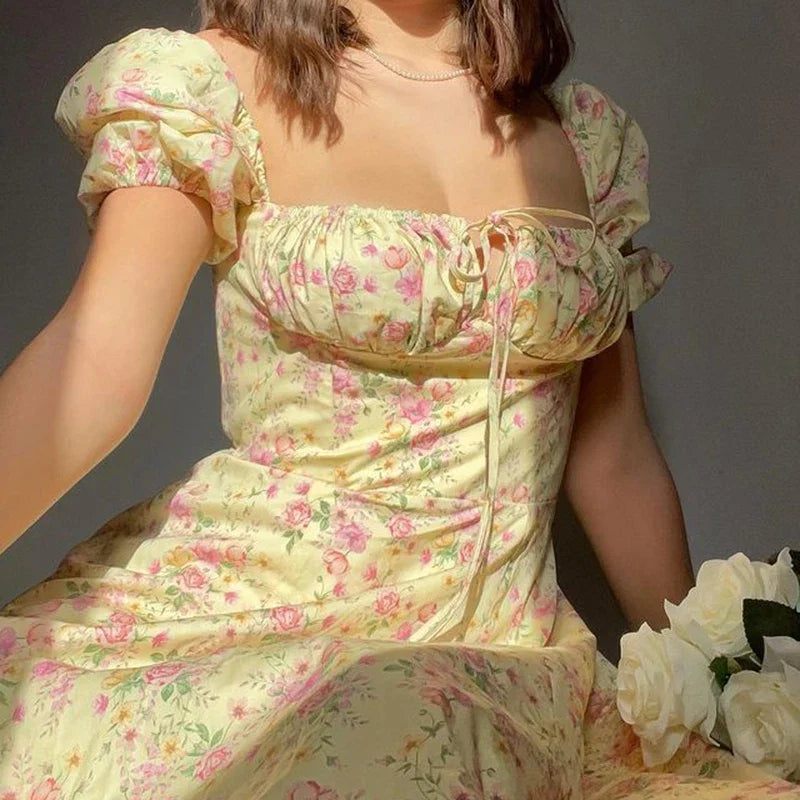 Light & Stylish Summer Dress with Floral Print and Puff Sleeves - Elina-S-State of Style