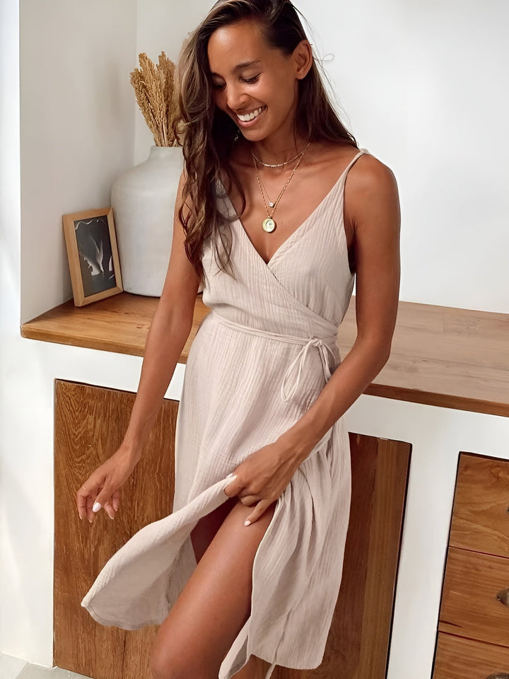 Light summer dress with V-neck – Amira-Beige-S-State of Style