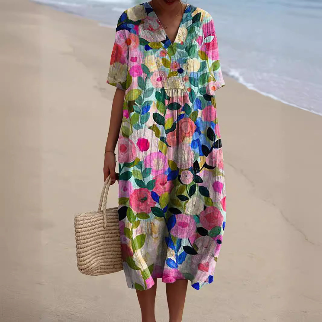 Light summer flower dress for women with V-neck and comfortable cut – Talia-Flowers-S-State of Style