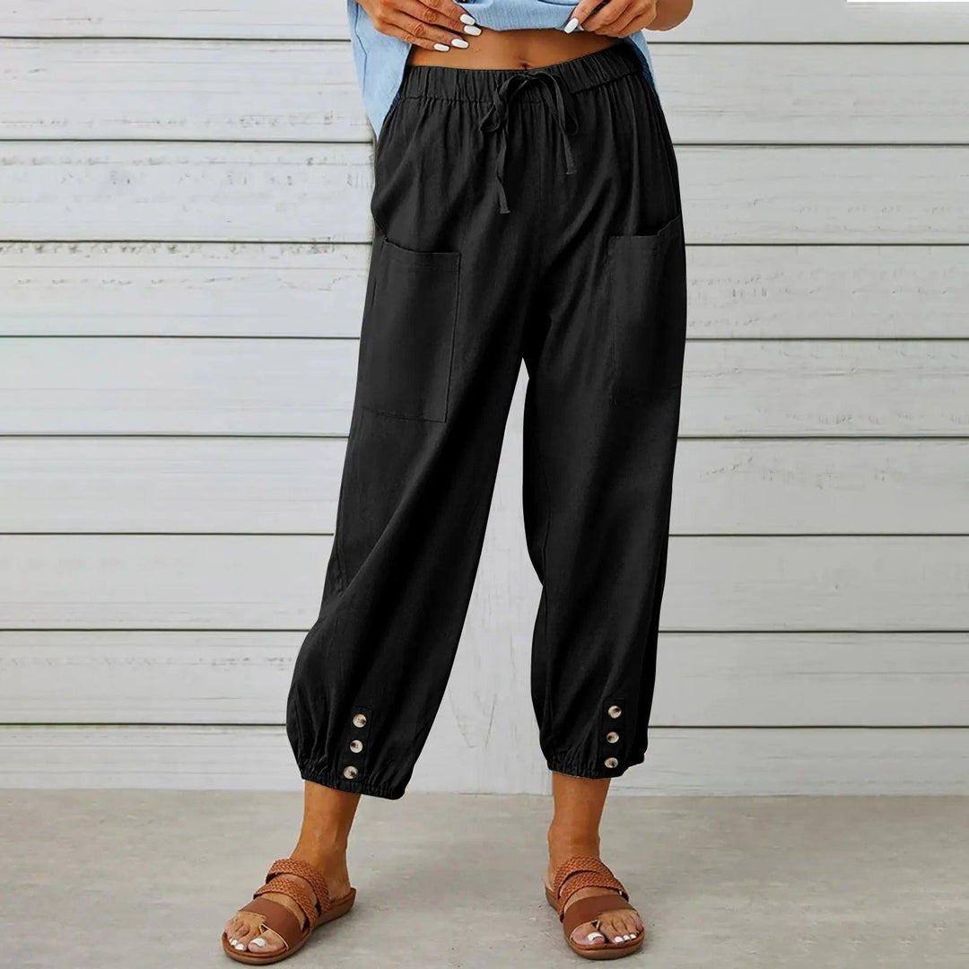 Light summer linen trousers with drawstring & wide cut – Mira-Dark grey-S-State of Style