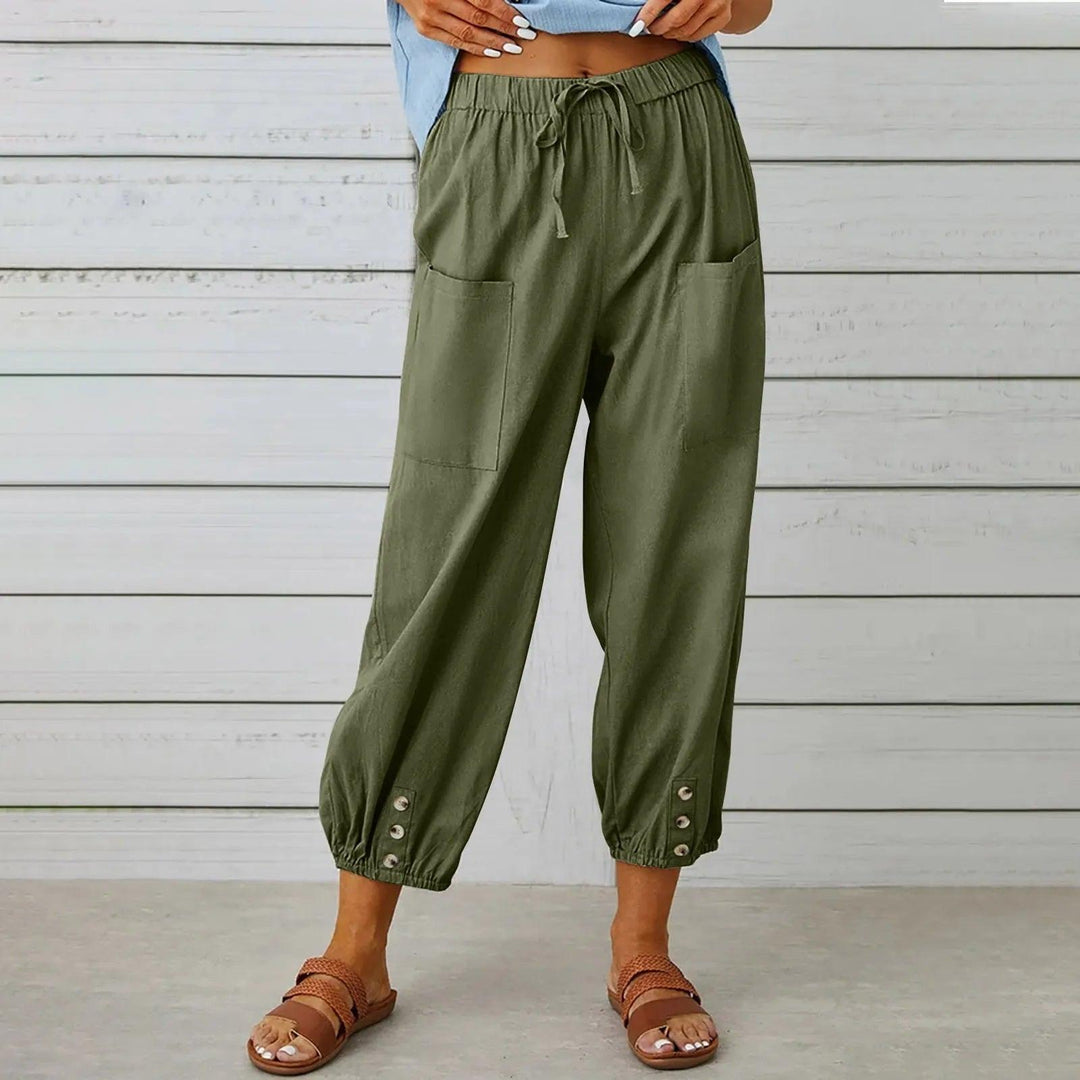Light summer linen trousers with drawstring & wide cut – Mira-Green-S-State of Style