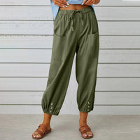 Light summer linen trousers with drawstring & wide cut – Mira-Green-S-State of Style