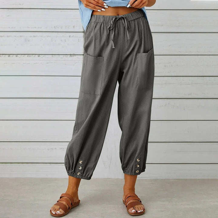 Light summer linen trousers with drawstring & wide cut – Mira-Khaki-S-State of Style